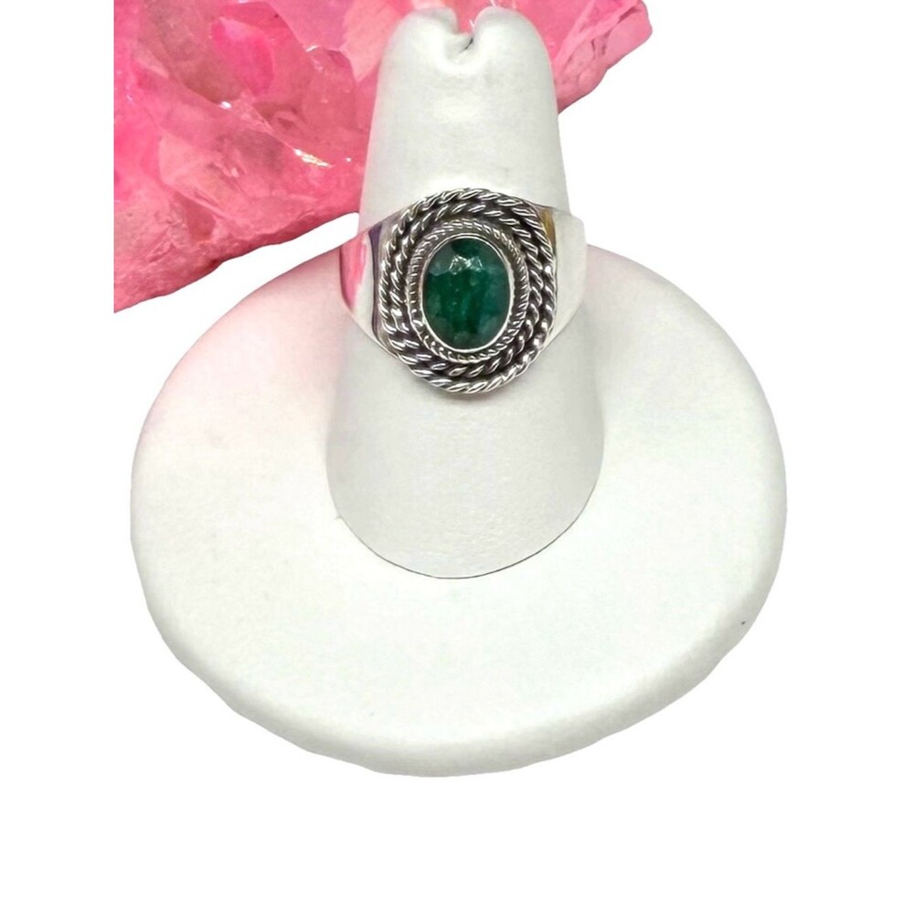 Emerald Ring Size 7.5 Solid 925 Sterling Silver Faceted Oval Natural Stone